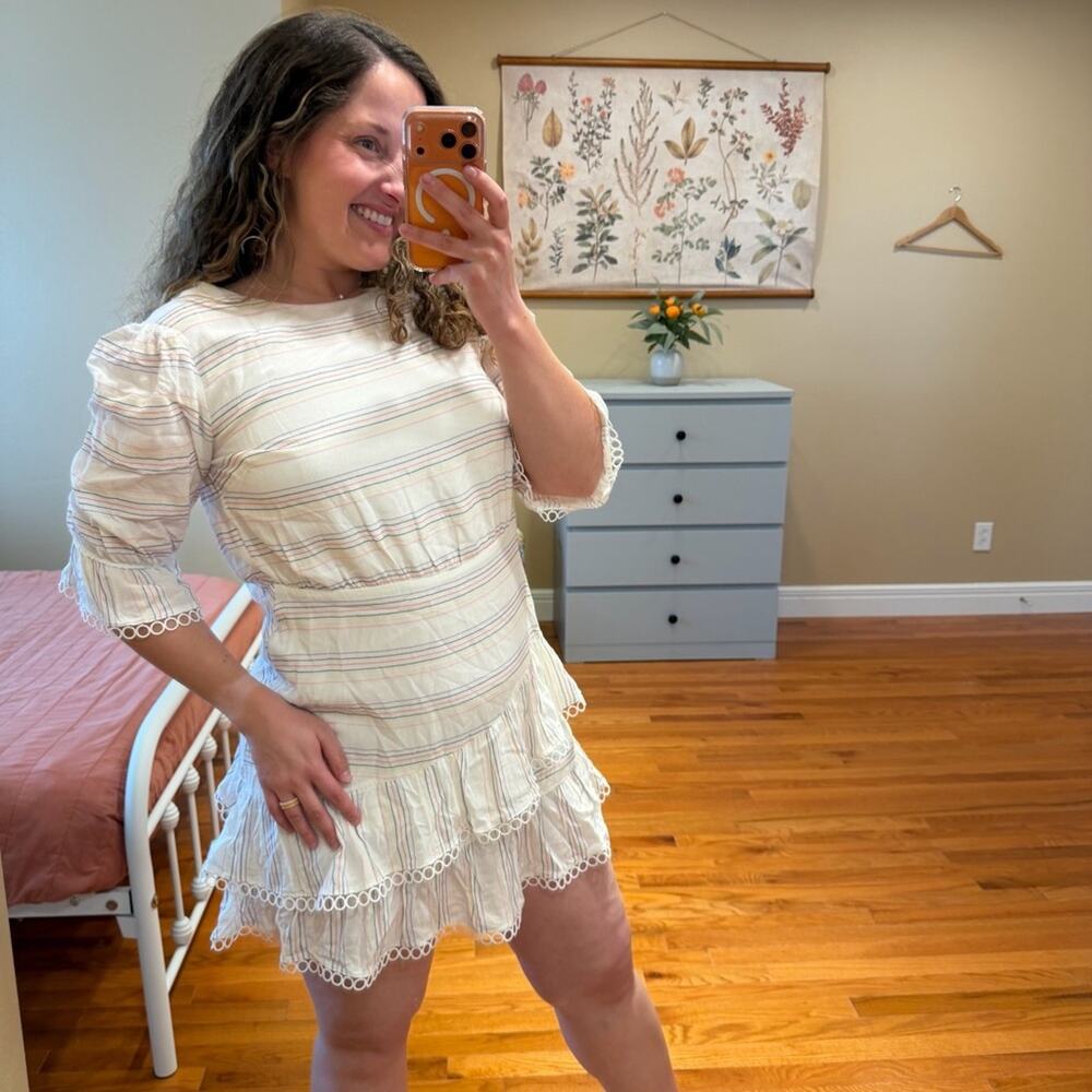 Anthropologie Lost + Wander White Striped Eyelet Mini Dress Small Open Back